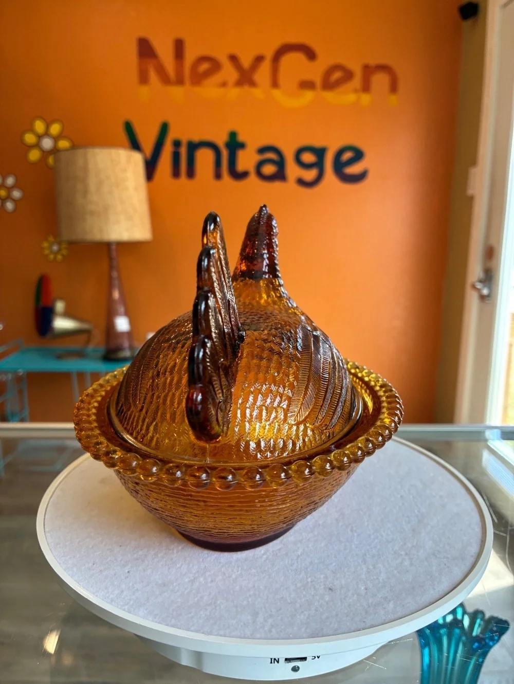 Indiana Glass Golden Amber Hen on Nest Covered Candy Dish Vintage